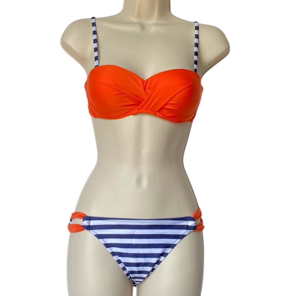 2-Piece Bathing Suit Padded Push-Up Bandeau Bikini Swimsuit Blue Orange Sz Small